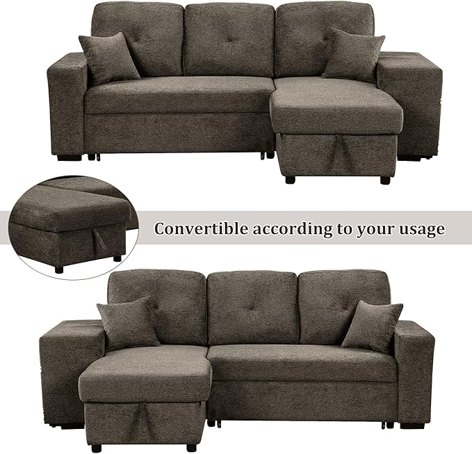 Flieks Reversible Sleeper Sectional Sofa Bed with Side Shelf and 2 StoolsPull-Out L-Shaped Sofa BedCorner Sofa-Bed with Storage Chaise Left/Right Hande for Living RoomKnox Charcoal