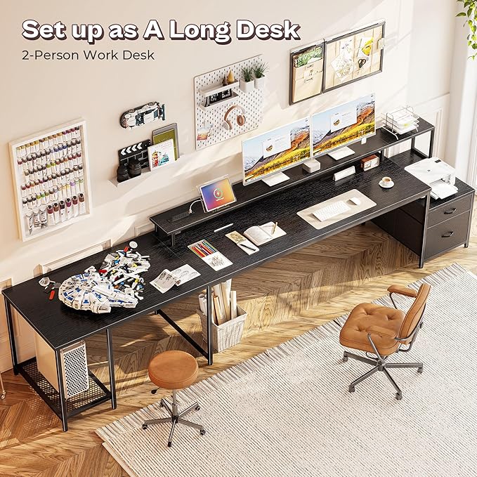 PRAISUN 66 L Shaped Gaming Desk with LED Lights &amp Power Outlets Computer Desk with Fabric Drawers and Print Stand Corner Office Desk Monitor Stand Mesh CPU Stand Black