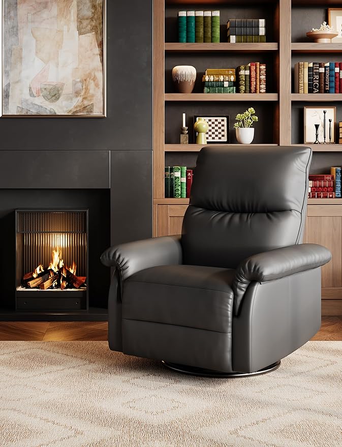GAOMON Swivel Rocking Recliner Chair Manual Leather Recliner Glider with Lumbar Support &amp Padded Armrest Comfortable Rocker Nursery Single Sofa for Living Room and Bedroom (Black)
