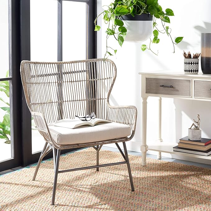 SAFAVIEH Home Collection Lenu Rattan Cushion Accent Chair Grey White Wash/Black (ACH6510A)