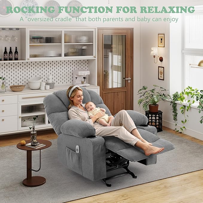 Manual Recliner Chair Rocker Recliner with Vibration Massage &amp Heat Ergonomic Reclining Fabric Living Room Chairs for Bedroom Nursery Single Sofa with 4 Pockets 2 Cup Holders Grey