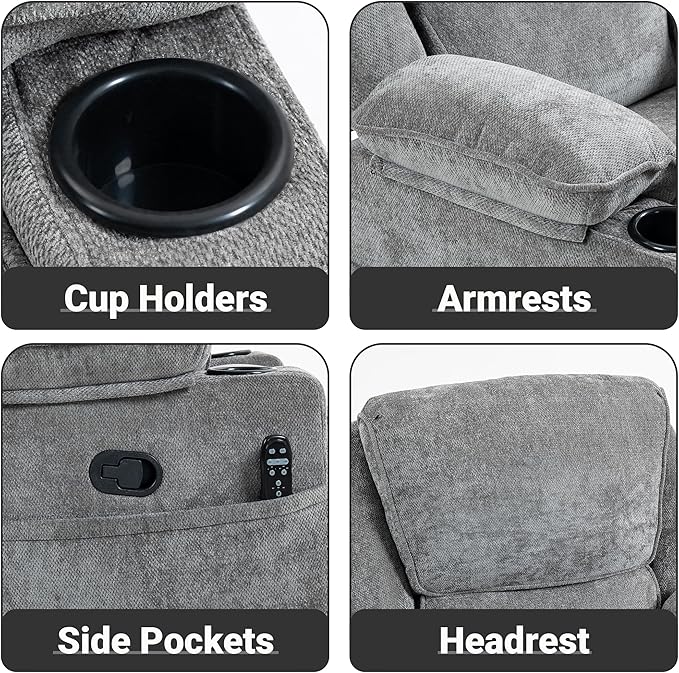 360° Swivel Rocking Recliner Multi-Functional Chair with Heating Massage Functions Equipped with Remote Control Cup Holder Suitable for Living Room &amp Bedroom Use Chenille Fabric