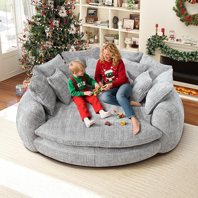 82'' Oversized Upholstered Sofa Bed Round Chaise Lounge Chair Indoor Modern Chenille Boneless Couch No Assembly Required Plush Sleeper Chair with 14 Pillows for Living Room Light Grey