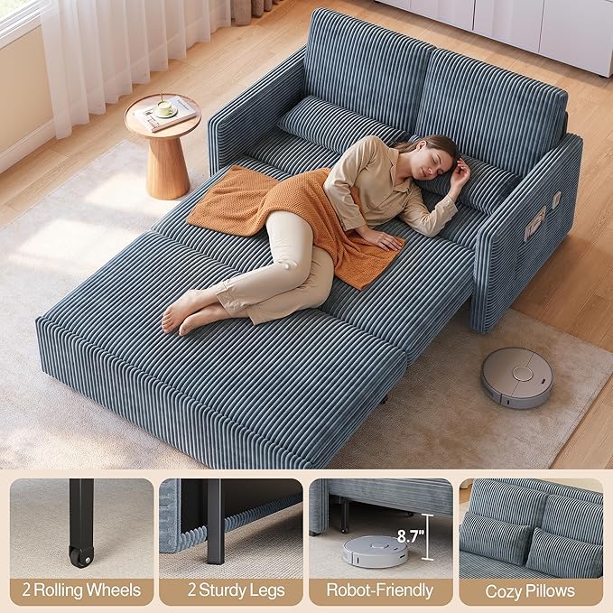 Ahomly 77.2'' Extended Pull Out Sofa Bed 3-in-1 Convertible Loveseat Sleeper Couch Bed Corduroy Sofa for Living Room Bedroom Apartment Dark Grey