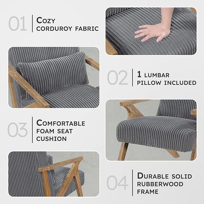 Lexicon Mid Century Modern Accent-Chair with Lumbar Pillow Brown Solid Wood Frame Comfy Corduroy Upholstered Lounge Arm Chair for Living Room/Bedroom/Office/Reading Nook Assembly Required Grey