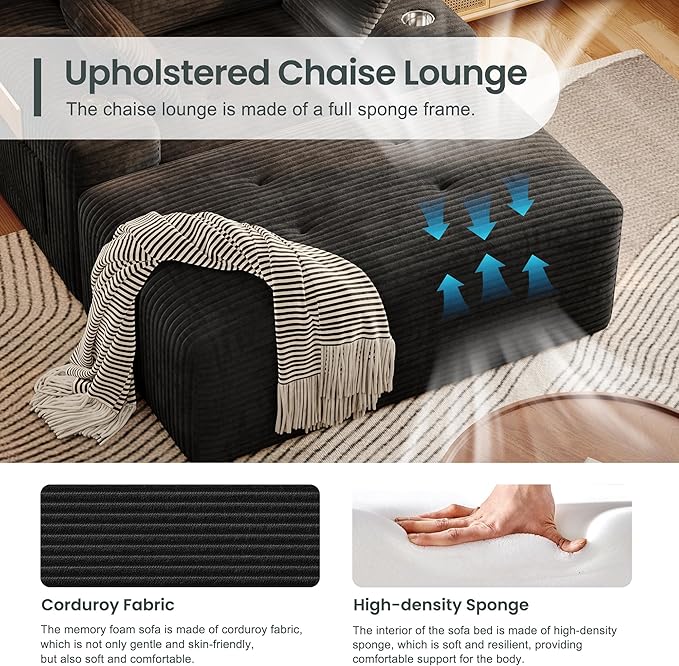 67 Oversized Chaise Lounge Sofa Indoor Sleeper Couch Chair with Cup Holders &amp Side Pocket | High-Density Memory Foam | Living Room Sofa Bed | Boneless Chaise | No Assembly (Black)