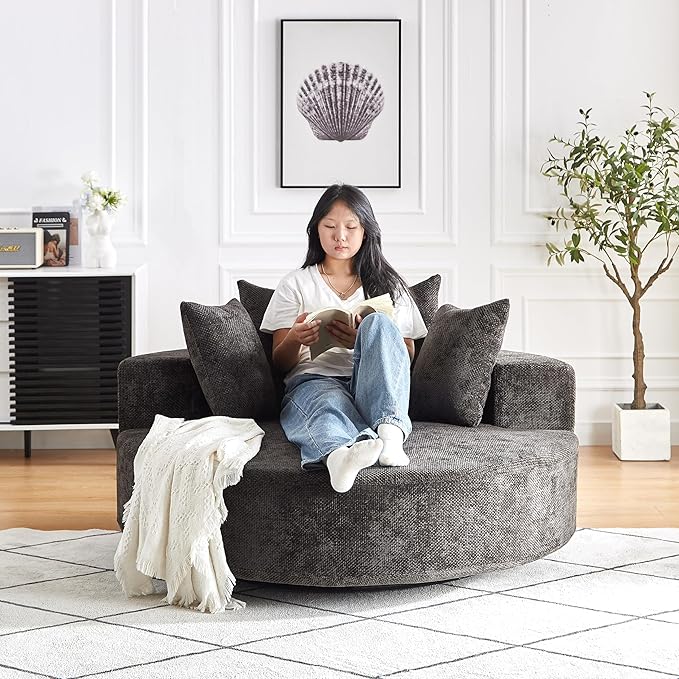360° Oversized Swivel Chair Modern Circle Round Lounge Chair with Deep Seat Comfy Back Cushion &amp 2 Throw Pillows for Living Room Bedroom Office Black Chenille