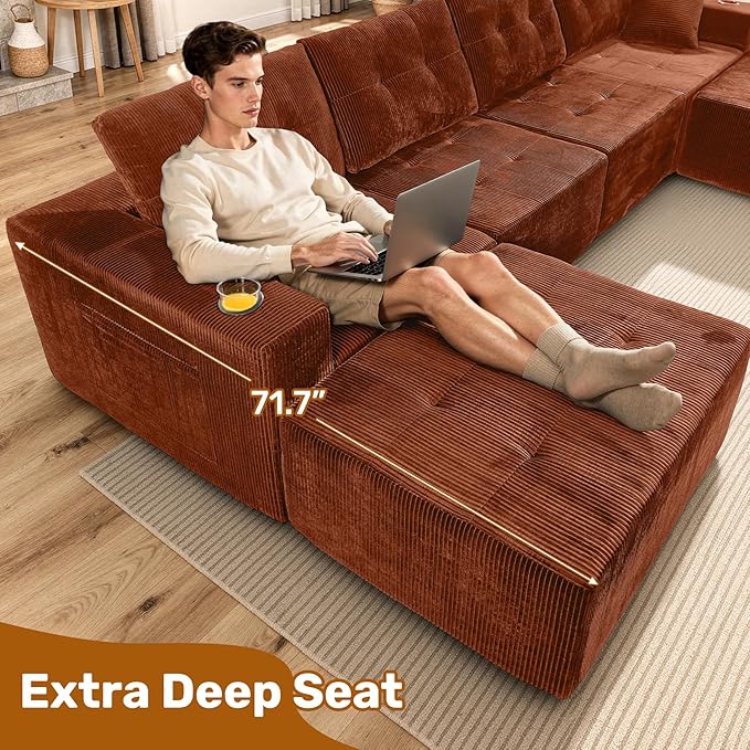 113 Modular Sectional Sofa for Living Room Convertible L-Shape Couch with OttomanModular Sectional SofaReddish Brown Corduroy