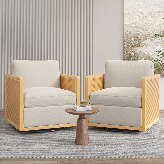 Swivel Barrel Chair Premium Rattan Comfy Round Accent Chair for Living Room Mid Century Modern Reading Chair for Adults Bedroom Side Chairs for Small Spaces Armchair for Home/Office/Cream Linen