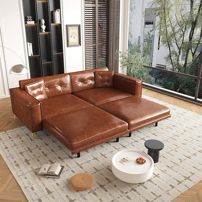 92.1King Size Pull Out Sofa Bed 3-in-1 Faux Leather Convertible Sleeper Sofa with Ultra Wide Armrests Tufted Modern Sofa with 2 Pillows for Bedroom Living Room (Orange Brown 92.1inch)