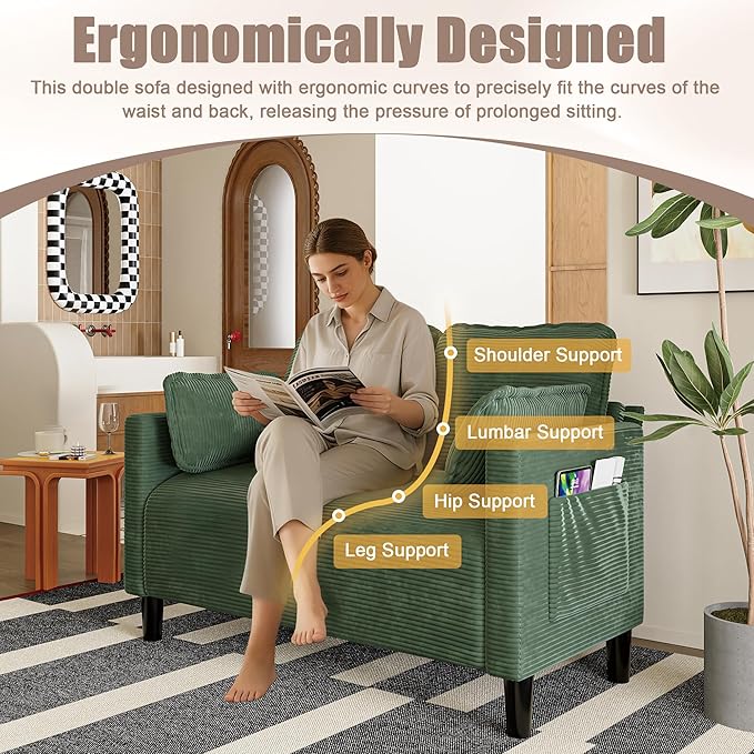 48 Loveseat Sofa Modern Corduroy Couch with 2 Pillows and Side Storage Pocket 2 Seater Small Sofa for Living Room Bedroom Apartment Office Green