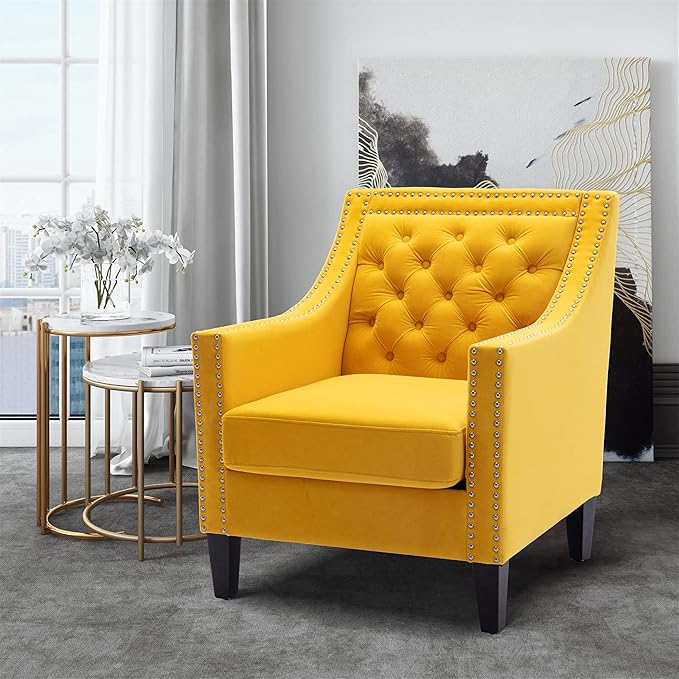 Generic Accent Armchair Living Room Chair with Nailheads and Solid Wood Legs Yellow