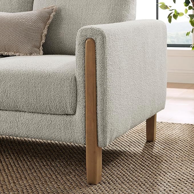 Modway Hawken 75 Inch Mid-Century Modern Boucle Sofa in Parchment Beech with Wood Legs – Comfortable 3-Seater Couch for Living Room Apartment or Office Lounge