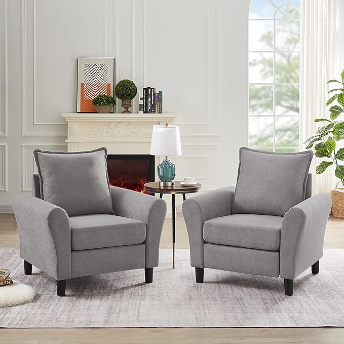Accent Chair Mid-Century Modern Living Room Chairs Single Armchair Upholstered Reading Chair with Wooden Legs for Living Room/Bedroom/Office/Balcony Light Grey
