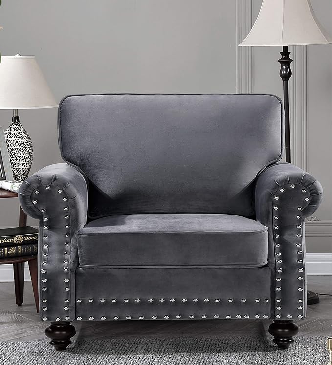 Lotus Mid Century Modern Velvet Upholstered Living Room Rolled Arms Chair Fossil Grey