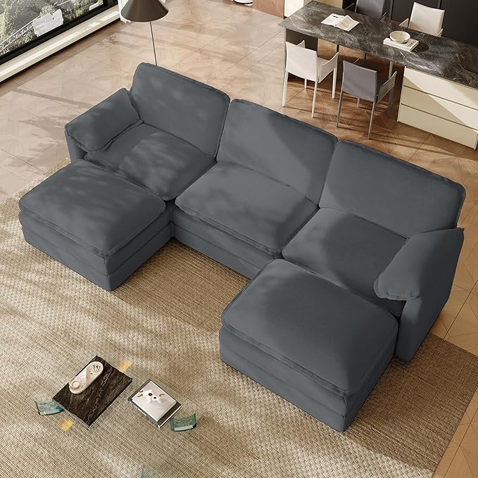 113.7 U Shaped Cloud Couch Sectional for Living Room Modern Modular Deep Seat Sofa with Movable Ottoman Comfy Fluffy Chenille Sectional Sofa Set Grey