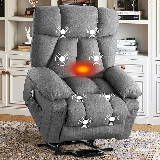 Power Lift Recliner Chair for Elderly Big and Tall Lift Chair with Massage and Heat for Living Room Fabric Electric Recliner Chairs with 4 Side Pockets USB Charge PortGrey