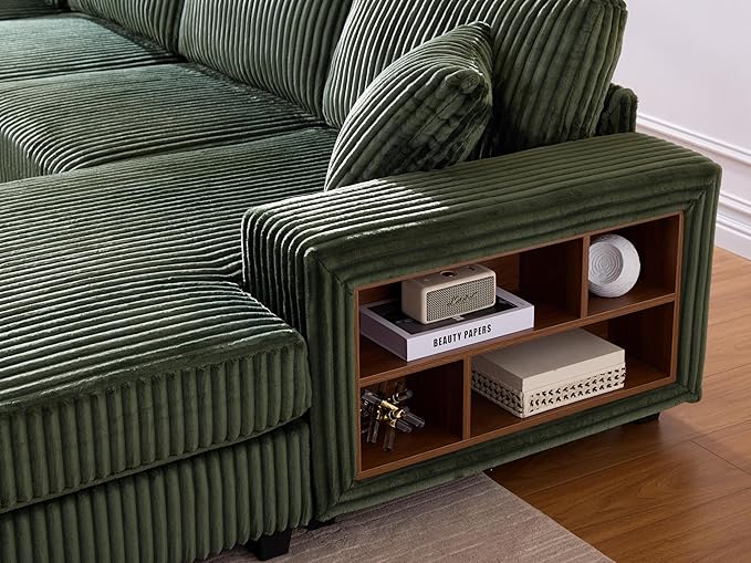 79.5 Oversized Corduroy Modular 2-Seat Sectional Couch with Extra-Wide Armrest Storage and Double Chaise Lounge Modern Convertible Sleeper Sofa for Living RoomGreen
