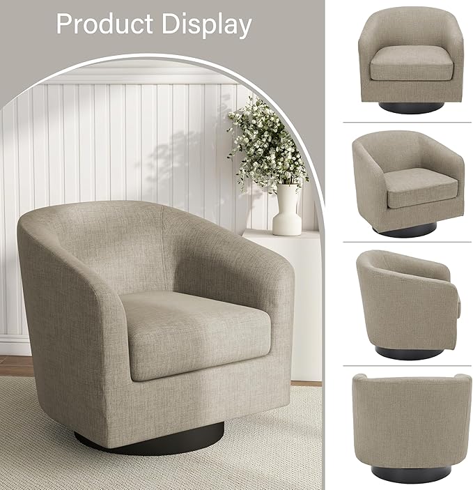 Pia Ricco Swivel Barrel Accent Chairs Set of 2 360° Swivel Round Sofa Chair Comfy Upholstered Fabric Single Sofa Club Armchair for Living Room/Reading Room/Bedroom Light Brown