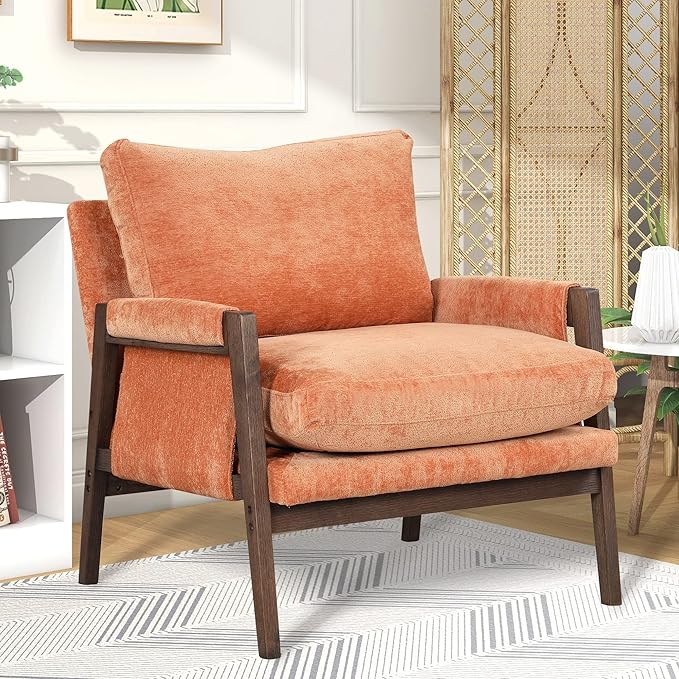 Modern Velvet Accent ChairMid-Century Leisure Chair with Solid Wood and Thick Seat Cushion Living Room Chair for Bedroom Studio Balcony or Club (Orange/Velvet)