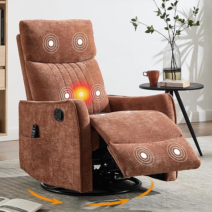 Manual Swivel Rocker Recliner Chair for Adults Overstuffed Nursery Glider Recliner with Vibration Massage and Lumbar Heat Living Room Reclining Chair Fabric Orange