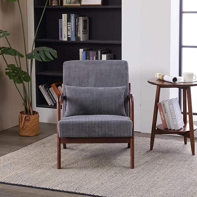 Mid-Century Modern Accent Chair with Throw Pillow Upholstered Fabric Armchair Solid Wood Frame Reading Chair for Living RoomBedroomReadingBalcony (Dark Grey &amp Walnut)
