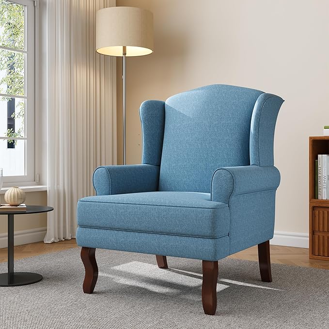 UIXE High Back Accent Chair for Living Room Comfy Upholstered Armchair in Fabric with Retro Solid Wooden Legs Traditional Arm Chair Single Sofa Reading Seat - Sky Blue