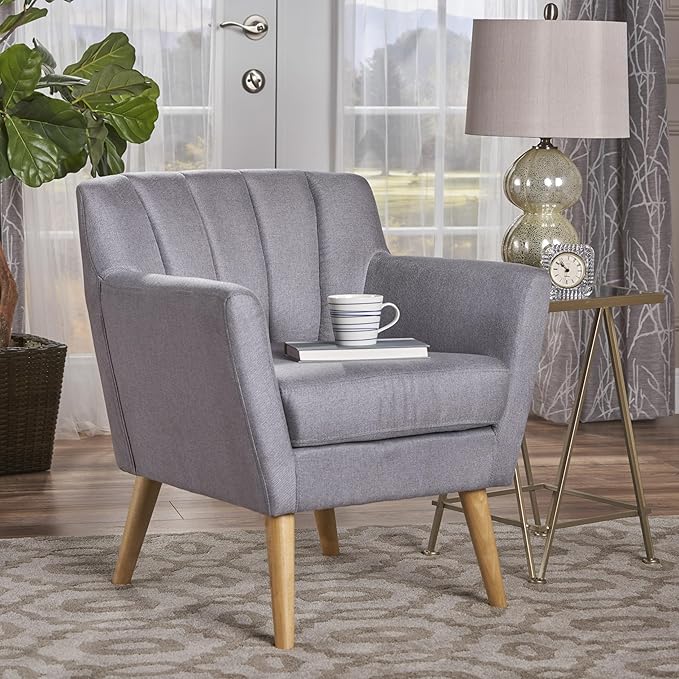 Mid-Century Accent Chairs Modern Upholstered Living Room Chair Cozy Armchair with Wood Legs for Bedroom/Office/Cafe/Living Room (Light Grey + Linen)