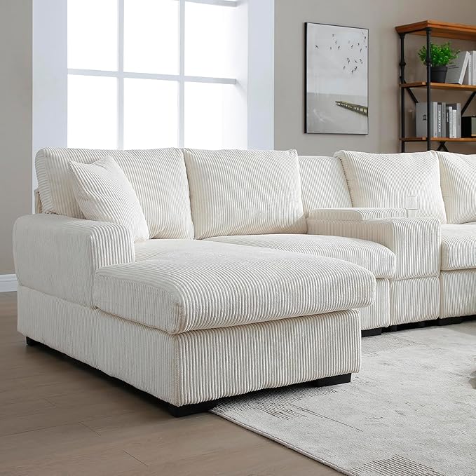 U-Shaped Sectional Cloud Sofa with Storage Console and Cupholders 126-Inch U-Shaped Symmetrical Corduroy Sectional Couch W/2 Chaise LoungesUSB-C Ports &amp 2 Pillows