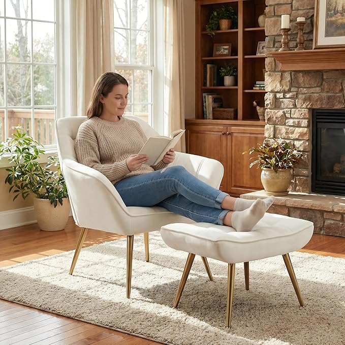 Beige Velvet Accent Chair with Ottoman Modern Reading Chair with Ottoman Set Comfy Fuzzy Armchair Living Room Chair Lounge Chairs with Metal Legs for Small Spaces Bedroom Apartment