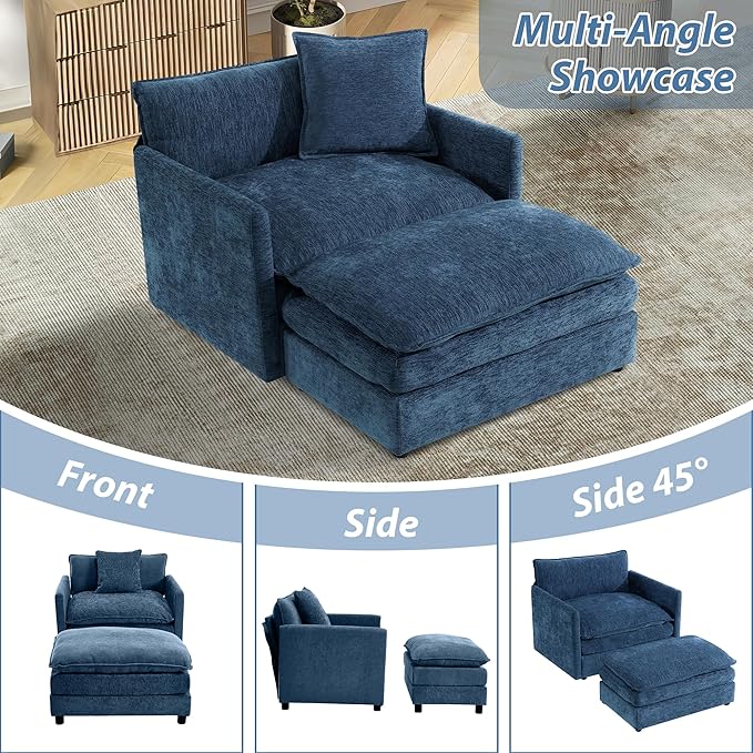 TTK Oversized Chaise Lounge Chair with Ottoman - 39.17 Wide Modern Sleeper Sofa for Living Room Bedroom &amp Office - Deep Seat Sectional Couch with Pillow Comfortable Reading Chair (Blue 39.17)