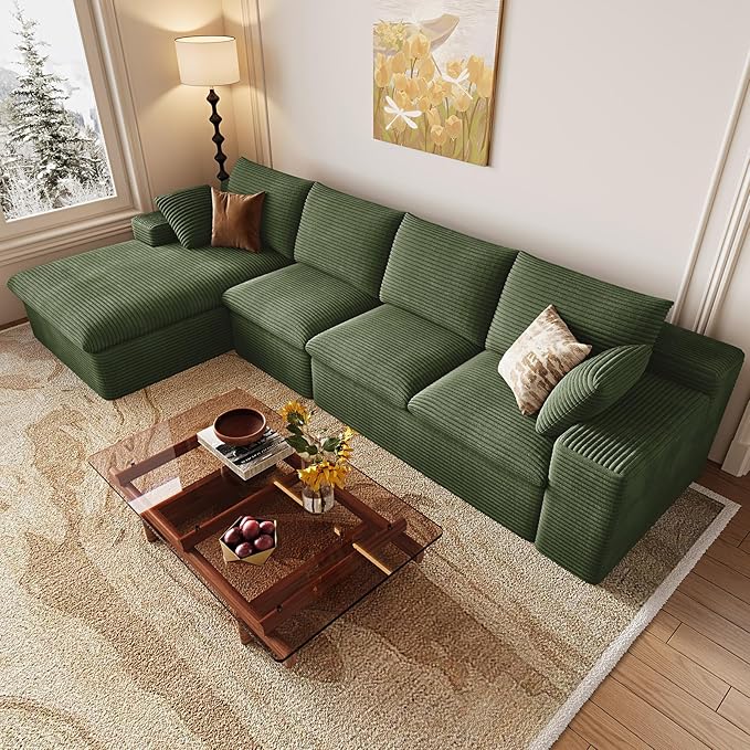 136 Cloud Couch Modular Sectional Couchs with Chaise Lounge L-Shape Boneless Couches for Living Room Corduroy Sofa with Deep Seat No Assembly Required (Green Left Facing Chaise)