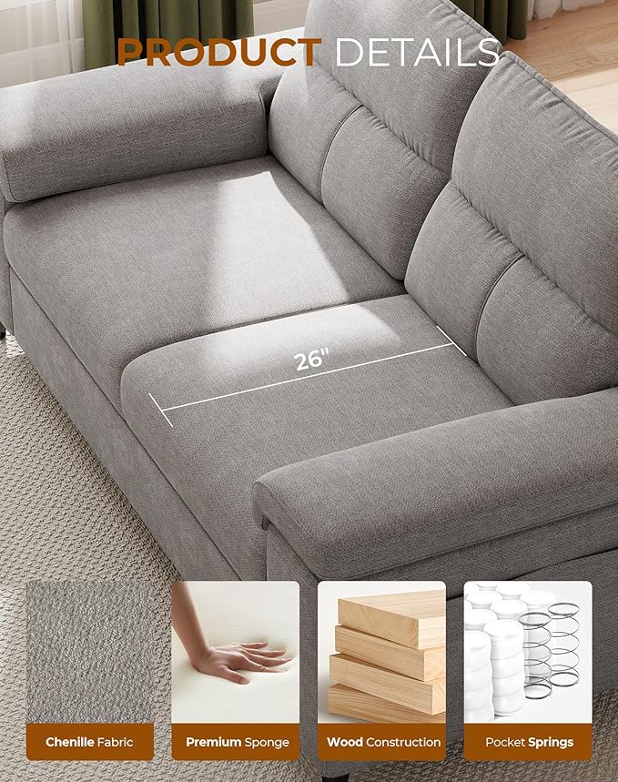 88.97 Modern Sofa Couches for Living Room Deep Seat Sofas with 8”Cushion Comfy 2-Seater Chenille Loveseat with Convertible Armrest Removable Sofa Cover High Leg(Light Gray)
