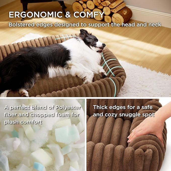 Bedsure ComfyFleece™ Cute Dog Bed for Small Dogs &amp Cats - Washable Furry Puppy Beds Rectangle Orthopedic Corduroy Fleece Pet Beds with Removable Zipper Cover 20x19x6inches Camel Brown