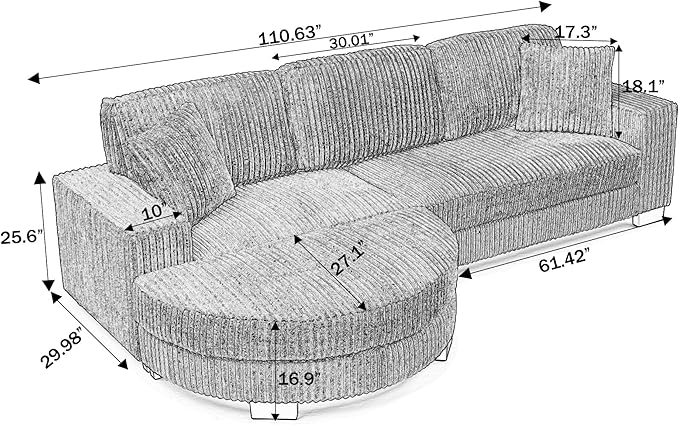 Corduroy Tufted Upholstered Sleeper Sectional Sofa L-Shaped Modular Convertible Sofa The arc-Shaped Footstool can be Placed Freely on The Left and Right (Beige + Foam + 3 Seat)