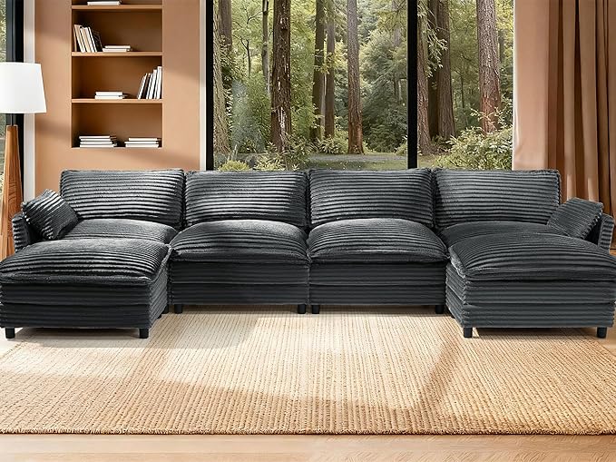 150'' Modular Sectional Sofa Comfy Cloud Couch with Movable Ottoman Deep Seat Corduroy U Shaped Modular Sofa Sectional Couches for Living Room Bedroom and Apartment Dark Grey