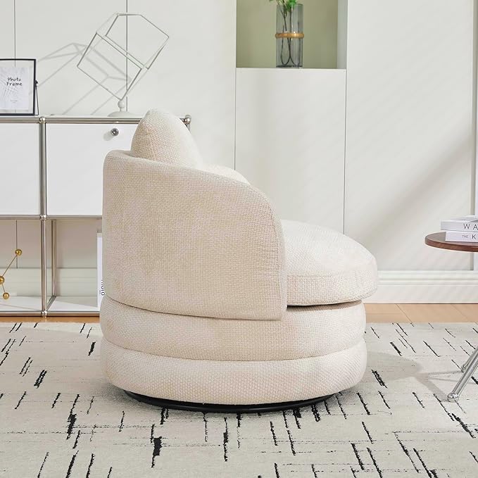 30 Modern Round Chenille Barrel Accent Chair 360° Swivel Ergonomic Comfy Upholstered with Pillow for Living Room Bedroom Reading Room Balcony Lounge Beige