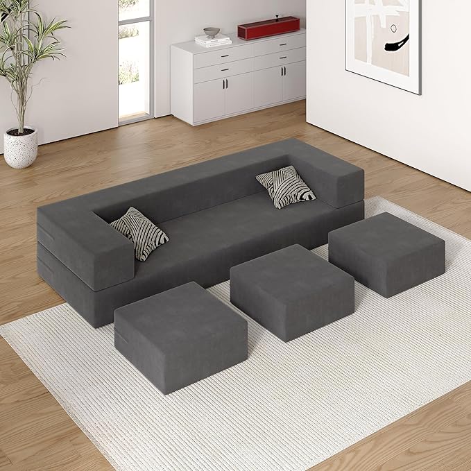 Queen 80 Folding Bed Couch Convertible Velvet Memory Foam Sofa Bed with Removable Velvet Cover3 OttomansFloor Sofa Sleeper Mattress For Guest Office Living Room Deep Blue (Deep Grey)