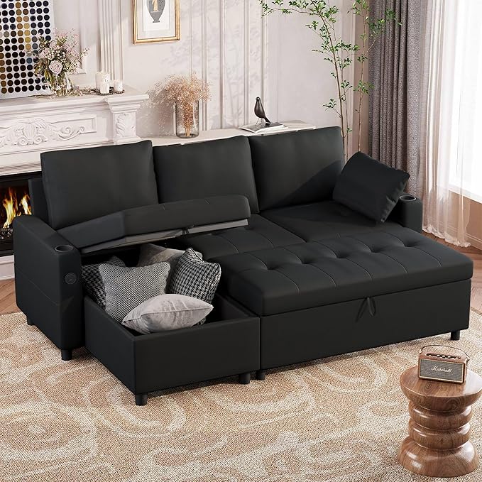 Esright 84'' Black Sleeper Sofa Bed L Shaped Sectional Convertible Pull Out Couch with Storage Chaise for Living Room Sleeper Sofa Couch with Pullout Bed USB Cup Holders Side Pockets(Black)