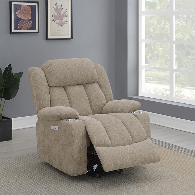 Coaster Home Furnishings - Houston - Fabric Upholstered Power Lift Recliner Chair with Power Panel with USB Port Cup Holders and Pillowtop Arms - Living Room - Camel - 602274P