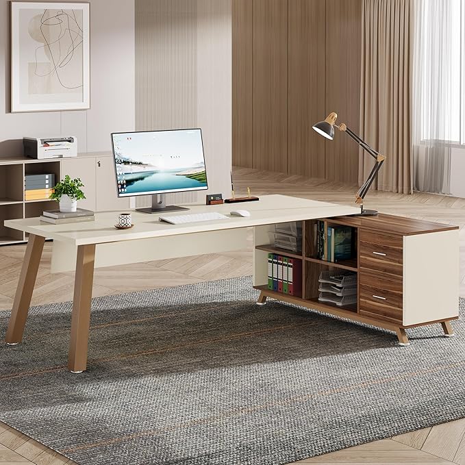 Tribesigns 78.7-Inch Executive Desk L-Shaped Desk with 55-Inch Cabinet Large Office Desk with Storage Shelves Modern Computer Desk for Home Office White &amp Walnut