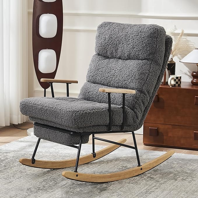 Modern Rocking Chair Teddy Gliding Rocking Chair with High Back Retractable Footrest Adjustable Back Angle for Nursery Living RoomBedroom