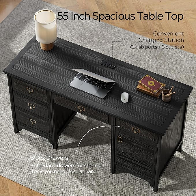 55 Farmhouse Executive Desk Solid Wood Painted Home Office Desk with Charging Station 5 Drawers Storage Cabinet Computer Writing Table for Work Study Writing Black