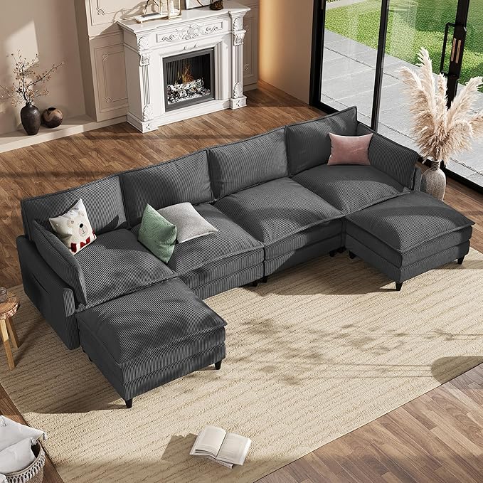 Apicizon 143 Cloud Couch Sectional 4-Seat Deep Sofa Couch with Ottoman Modern U Shape Sectional Cloud Sofa Corduroy for Living Room Apartment Office Grey