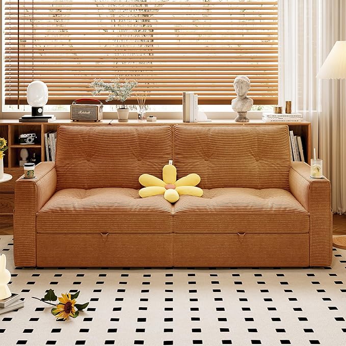 healthomse 73.2 Convertible Sofa Bed 2-in-1 Multi-Functional Loveseat Sleeper Modern Corduroy Couch with Side Pocket for Living Rooms Bedrooms Apartments Small Spaces (Orange 73.2inch)