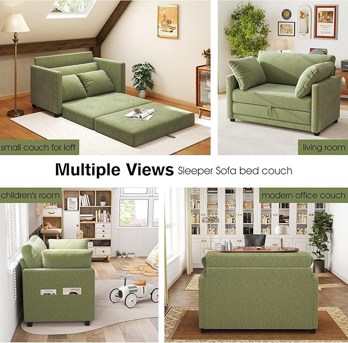 51 Loveseat Sleeper Sofa Bed Chenille Convertible Floor Sofa Bed for Small Spaces Folding Couch Bed with Deep Seat 2 Pillows &amp Solid Frame Pull Out Floor Couch for Living Room Green