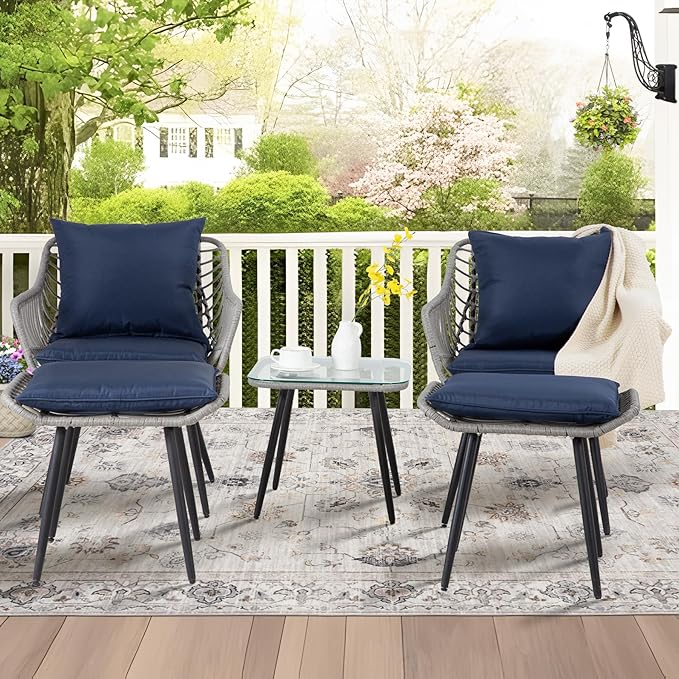5 Piece Patio Furniture Set Outdoor Wicker Small Conversation Bistro Set All-Weather PE Rattan Chairs with Ottoman &amp Coffee Table Ideal for Balcony Porch Deck Yard Poolside (Grey/Blue)