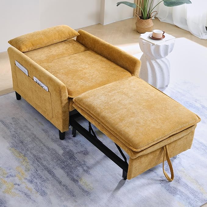 Sleeper Chair Pull Out BedChenille 3 in 1 Convertible Sleeper Couches Single Sofa Chair with Adjustable Backrest for Living Room Bedroom Small Spaces (Mustard Yellow)