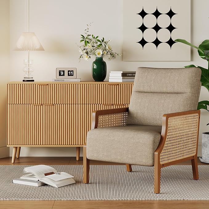 Aklaus Mid Century Accent Chair Set of 2 with Rattan Armrest Upholstered Living Room Chairs Lounge Fabric Reading Chairs Side Sitting Farmhouse Chair for Living Room Bedroom Balcony Grayish Brown