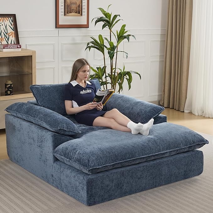 69 Oversized Boneless Chaise Lounge Chair Indoor No Assembly Blue Lounge Couch Chenille Upholstered Sofa Bed with Pocket Springs Reading Chair with Ottoman for Living Room Bedroom Office